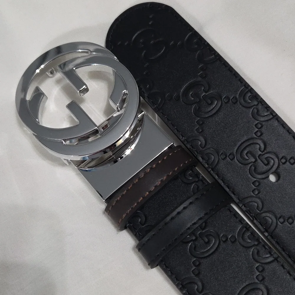 Gucci Reversible Black Brown Leather Belt with Silver Double G Buckle 32/34